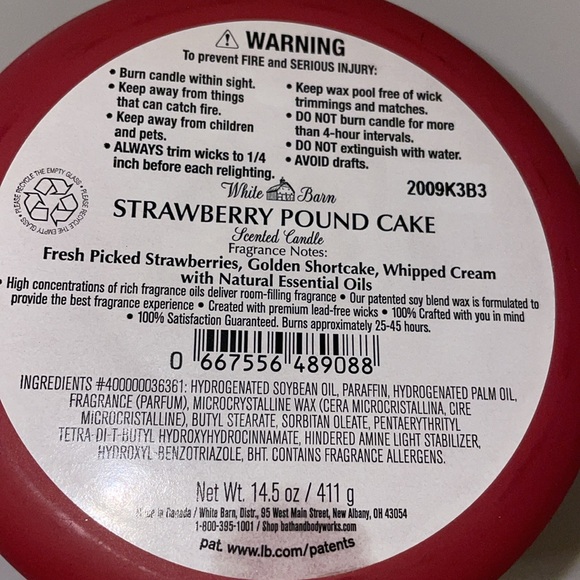 White Barn Strawberry Pound Cake 3-Wick Candle. NEW! Made with Essential Oils. - Picture 5 of 5